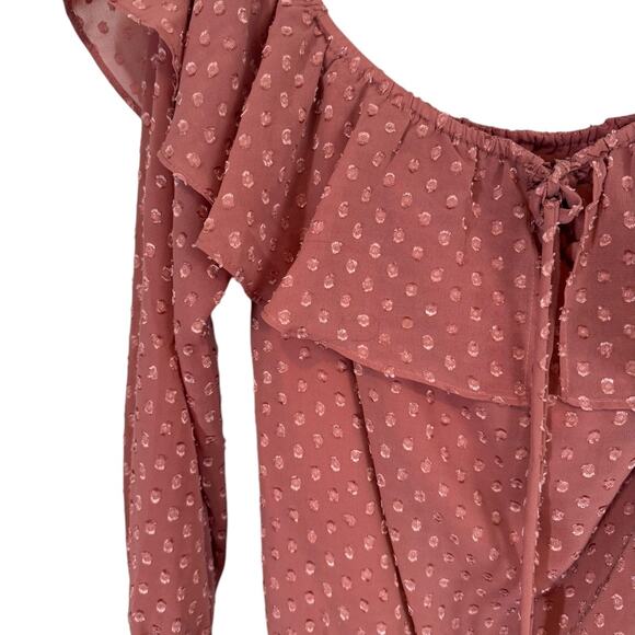 Lulu's Feeling Flouncy Mauve Swiss Dot Ruffle Off the Shoulder Bodysuit Small - Picture 4 of 7